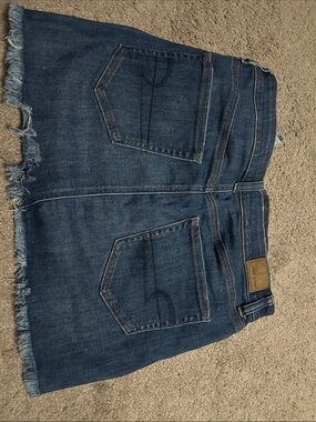 American Eagle Outfitters Dark Blue Denim Mini Skirt with Frayed Hem